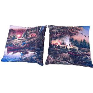Set Of 2 Terry Redlin Camping Scene Throw Pillows 17" X 17" Zipper Closure